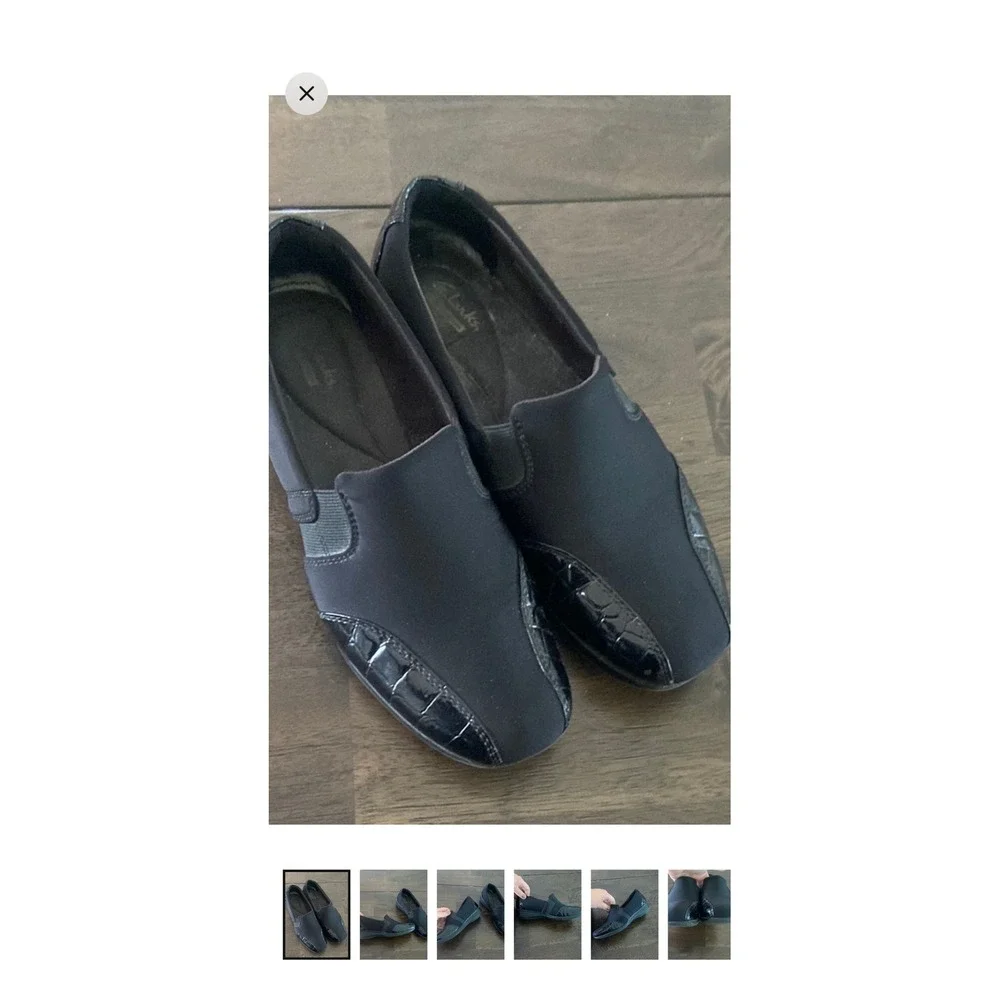 Clarks Cloudsteppers Black Slip On Loafer Faux Croc Patent Trim Womens Shoes 7.5